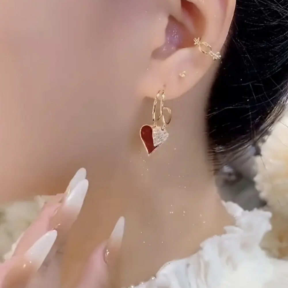 Red Heart Rhinestone Earrings Gold - Picture 3 of 9